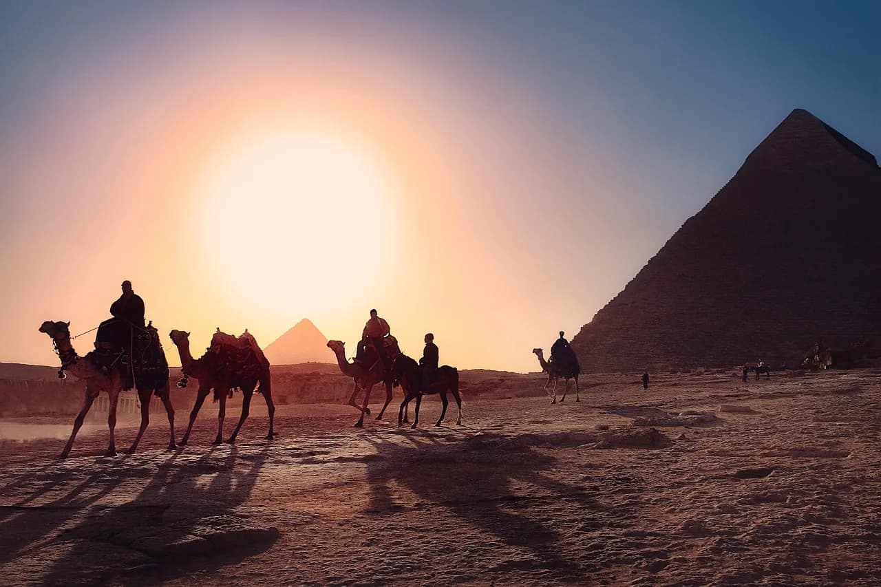 pyramids, cairo, nature, egypt, desert, archaeology, architecture, giza, sunset, landscape, story, landmark