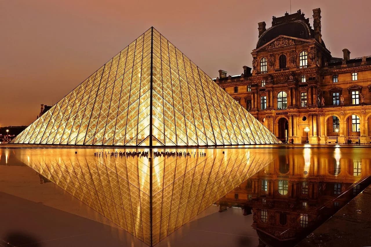 building, architecture, landmark, tourist attraction, facade, exterior, glass exterior, illuminated, museum, pyramid, louvre, paris, france, building, paris, paris, paris, paris, paris, france, france