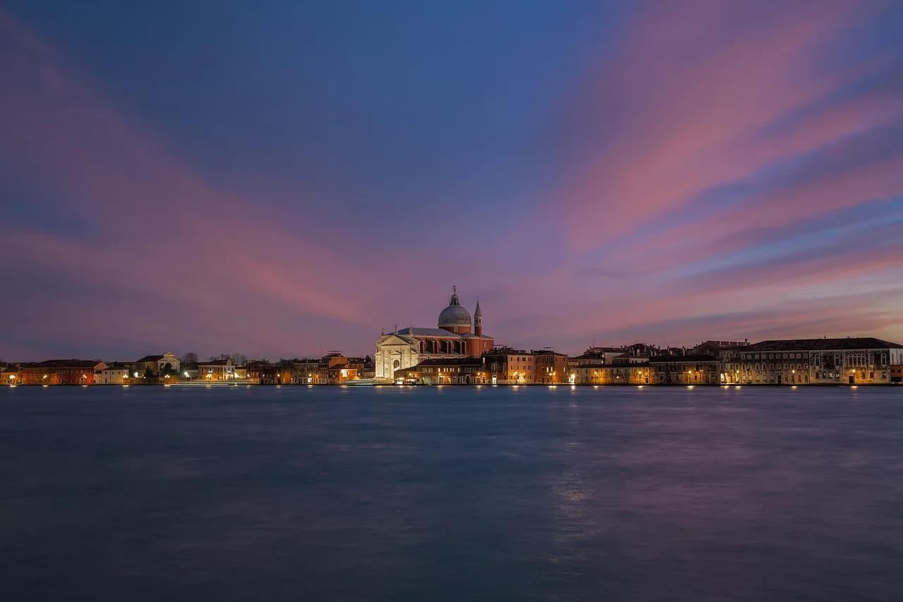 church, nature, sunset, island, twilight, venice, long exposure, water, colorful, city, italy, landscape