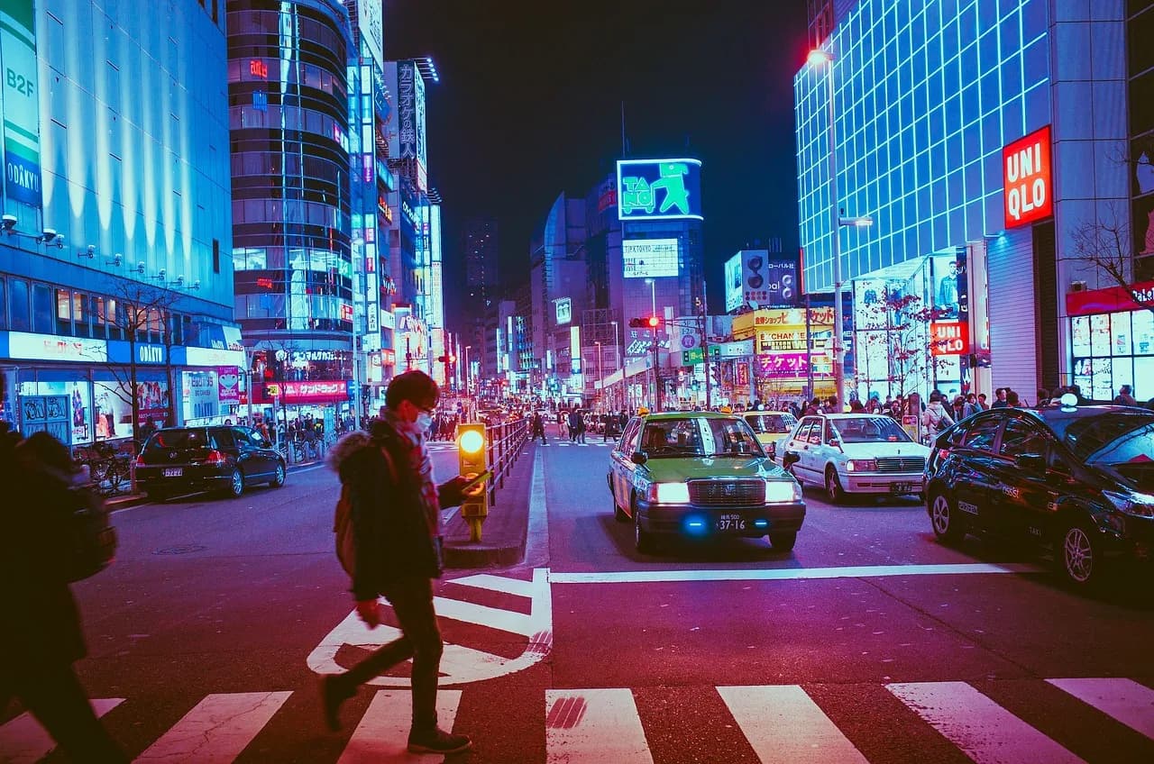 japan, osaka, pedestrians, crossing, pedestrian crossing, traffic, streets, city streets, illuminated, city lights, shopping district, buildings, night, asia, landmark, travel, japanese, architecture,