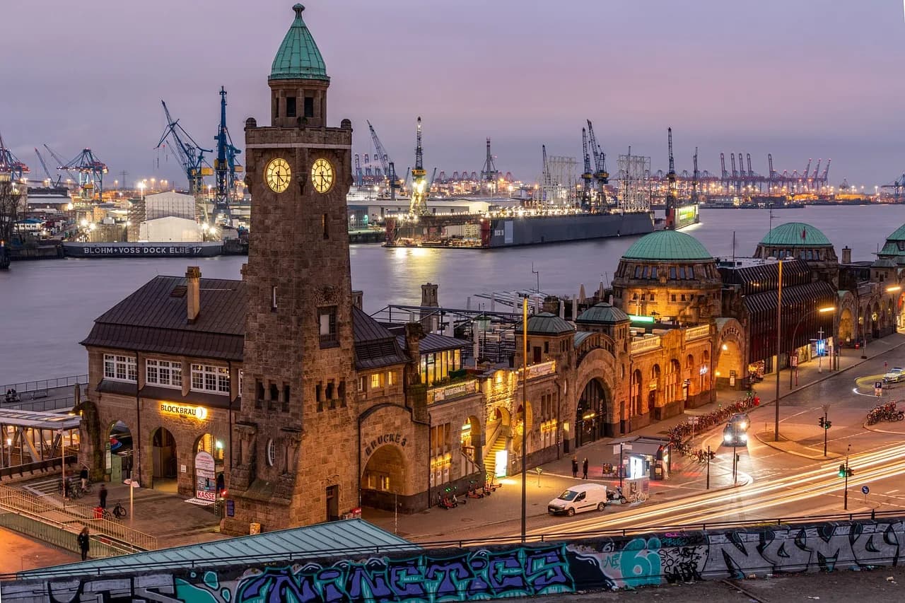 port, clock tower, hamburg, architecture, tower, landmark, harbor cranes, harbor, city, twilight, dusk, dawn, river, elbe, hanseatic city, panorama, northern germany, germany, hamburg, hamburg, hambur