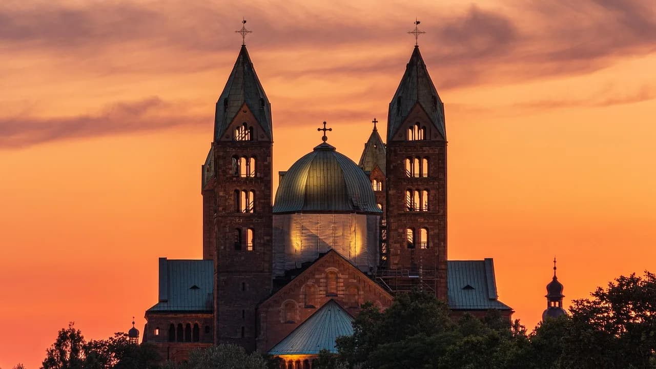 cathedral, church, sunset, speyer cathedral, building, tourist attraction, religion, christianity, germany, twilight, nature, dusk
