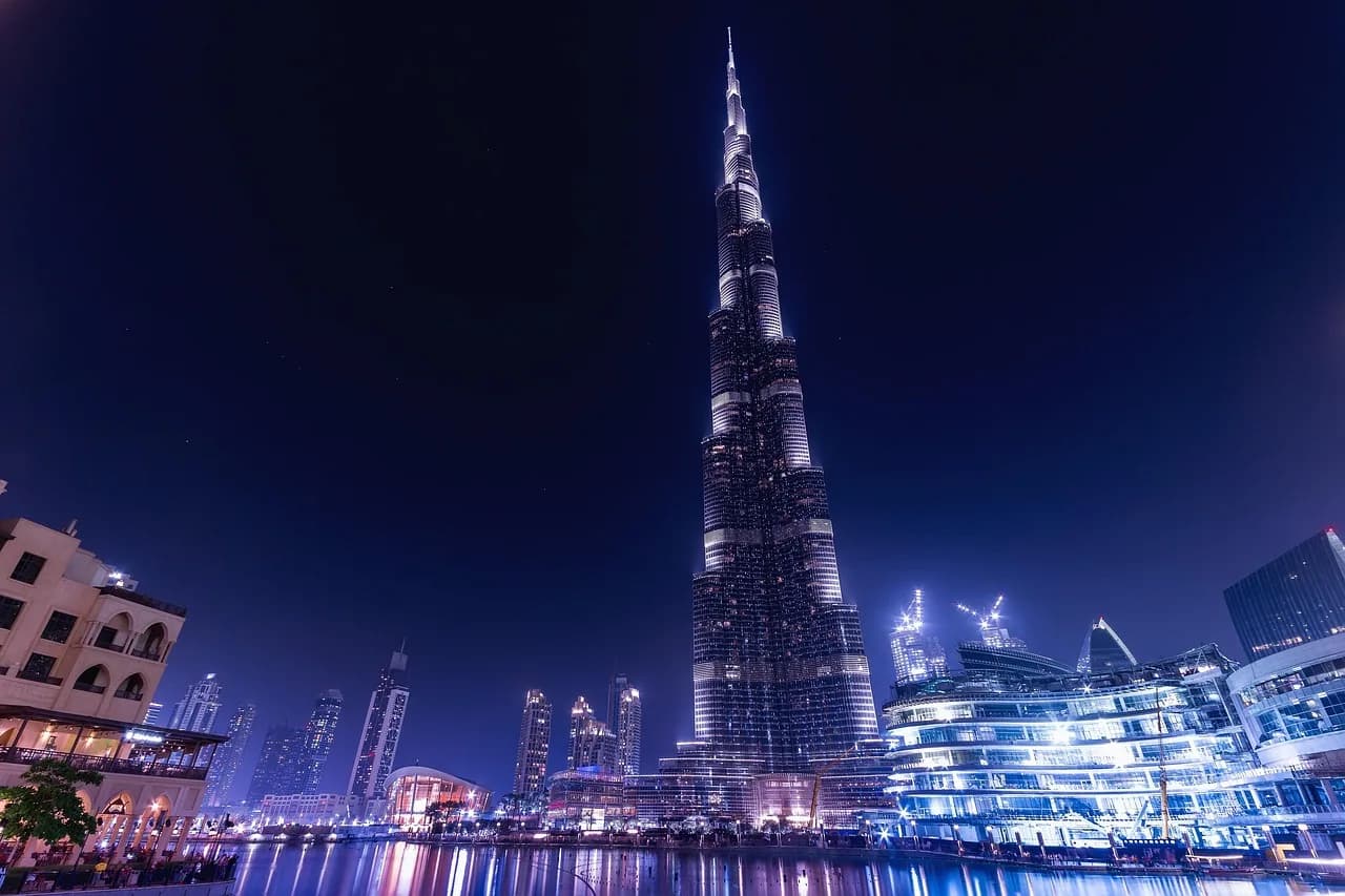 burj khalifa, emirates, dubai, uae, architecture, skyscraper, night, lights, city, modern, illuminated, waterfront, city lights, landmark, tower, famous, places of interest, tourist attraction, touris