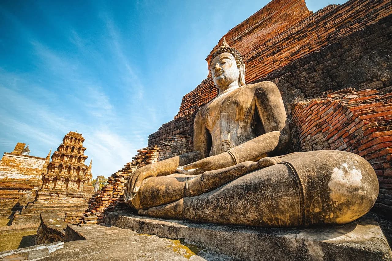 buddha, statue, thailand, buddhism, meditation, ruins, landmark, old, ancient, buddha purnima, history, travel, sukhothai, tourism, historical