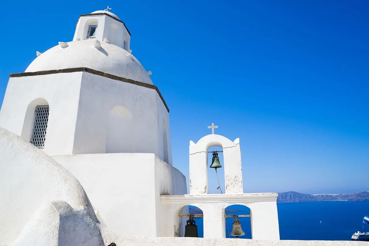 santorini, chapel, nature, greece, church, religion, greek, island, travel, architecture, orthodox, building, sky, traditional, mediterranean, bell, faith, cross, stone, landmark