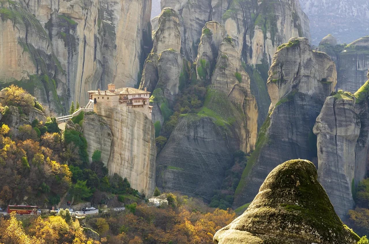 meteora, greece, monastery, landscape, nature, mountain, rock, travel, religion, mountains, rocks, orthodox, kalampaka, church, greek, sky, valley, spectacular, tourism, stone, scenic, architecture, l