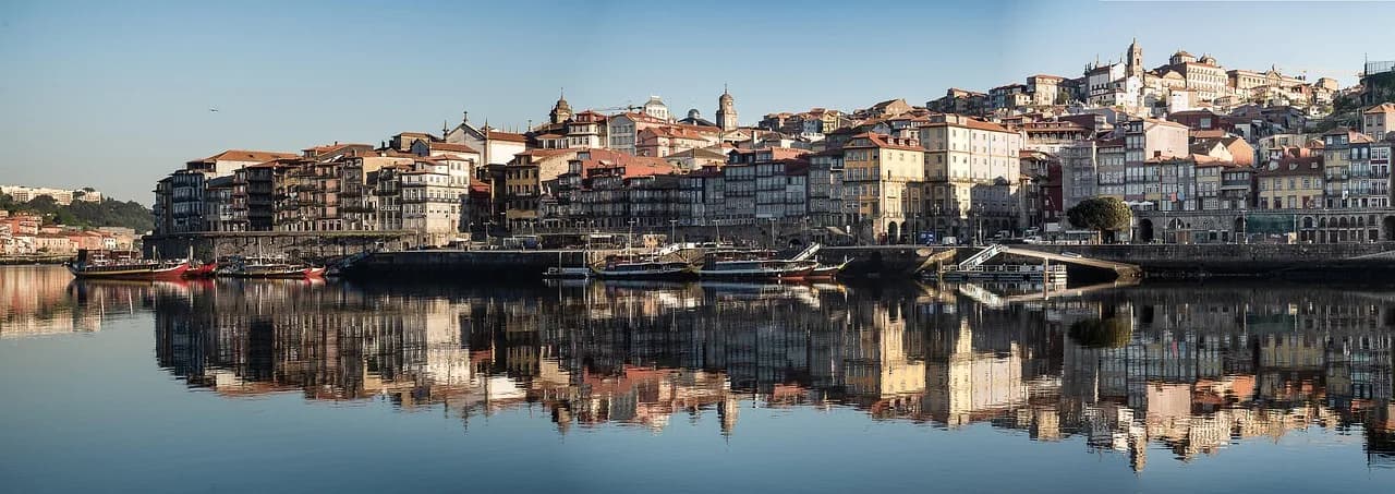 portugal, porto, panorama, skyline, promenade, nature, sunrise, reflection, boats, landmark, city, flow, historic center, hill, cityscape