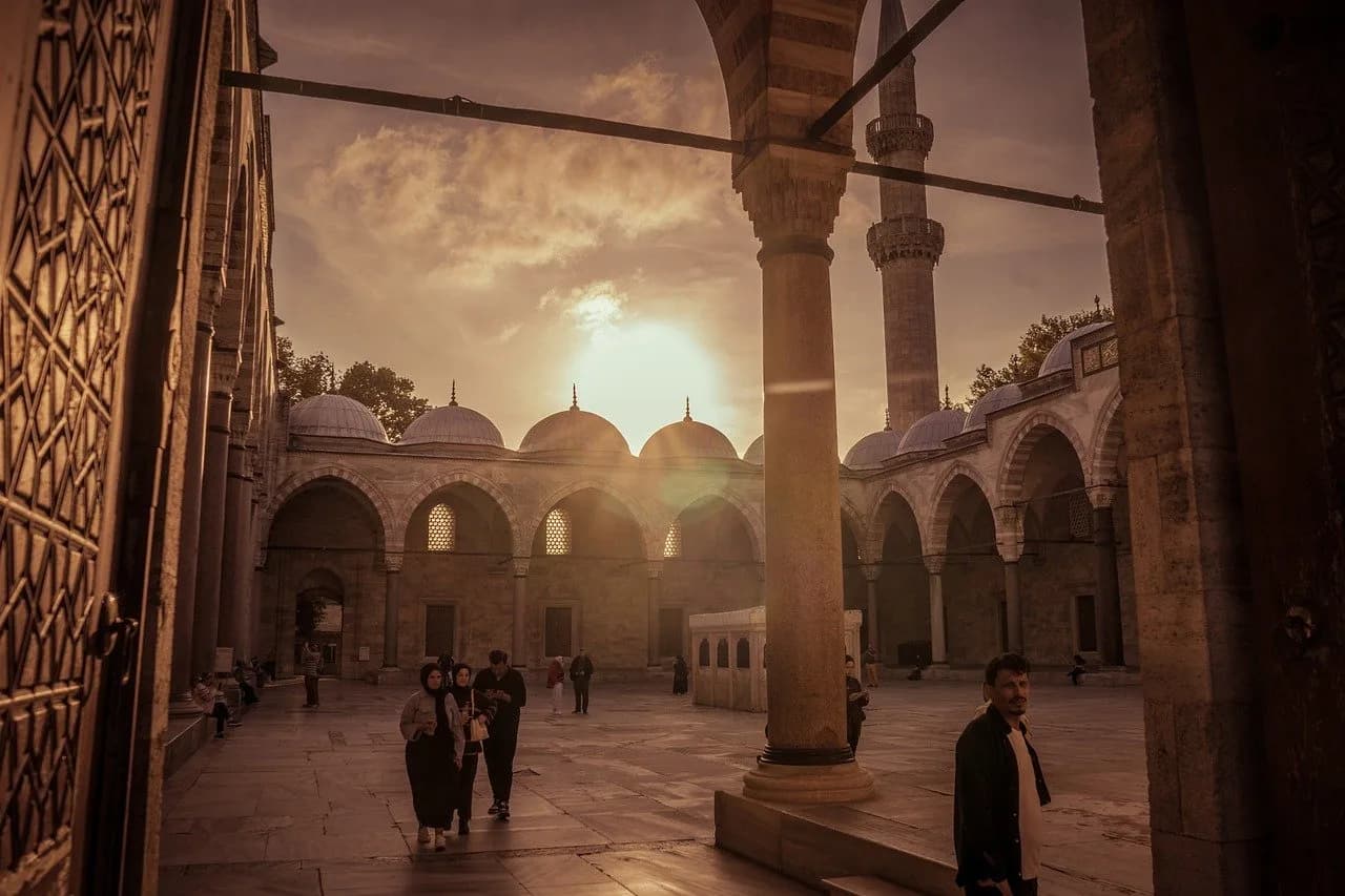 istanbul, turkey, mosque courtyard, islamic architecture, ottoman architecture, suleymaniye mosque, sunset, courtyard, arches, nature, people, travel, culture, religion, heritage, historical building,