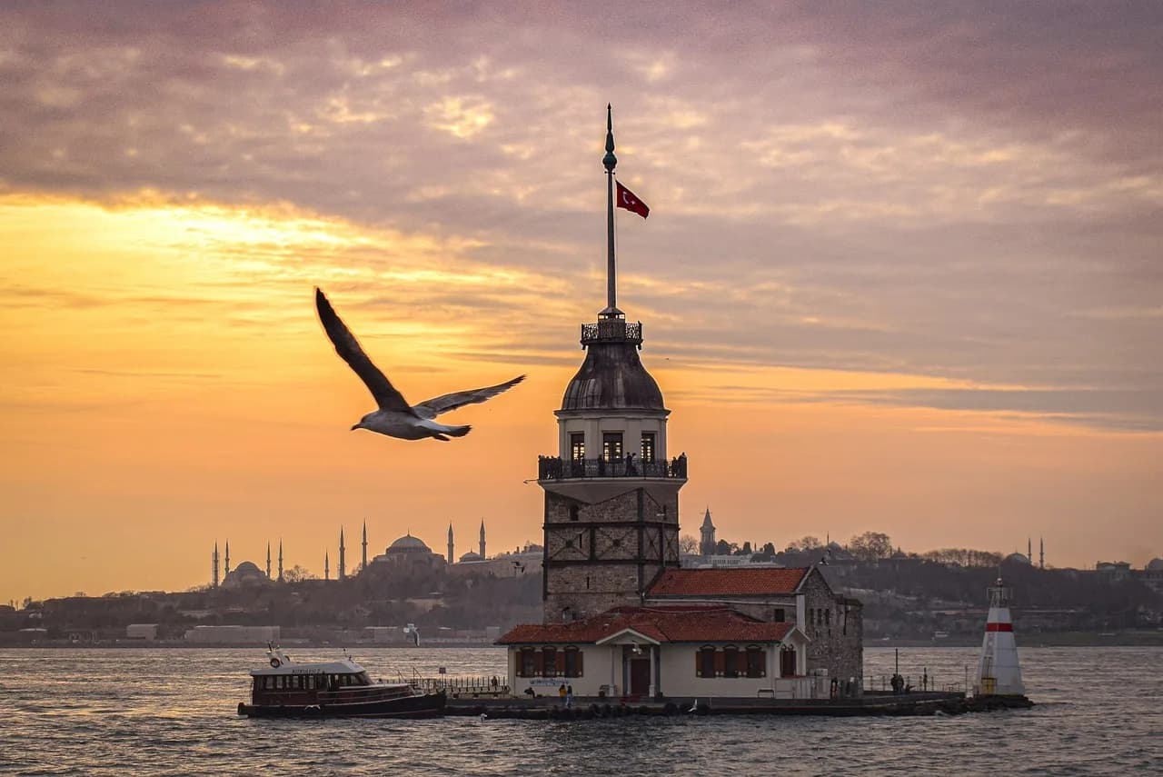 river, sunset, maiden's tower views, isanbul, leandertoren, island, architecture, turkey, bosphorus, building, cityscape, tourism, travel, tower, panorama, romantic, seagull, bird, nature, citytrip