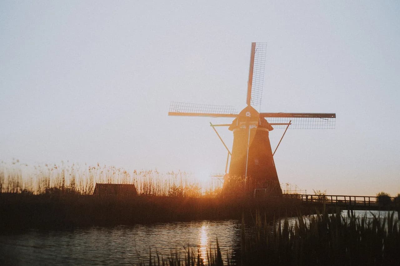 houses, windmill, park, netherland, landmark, travel, outdoor, river, lake, water, nature, grass
