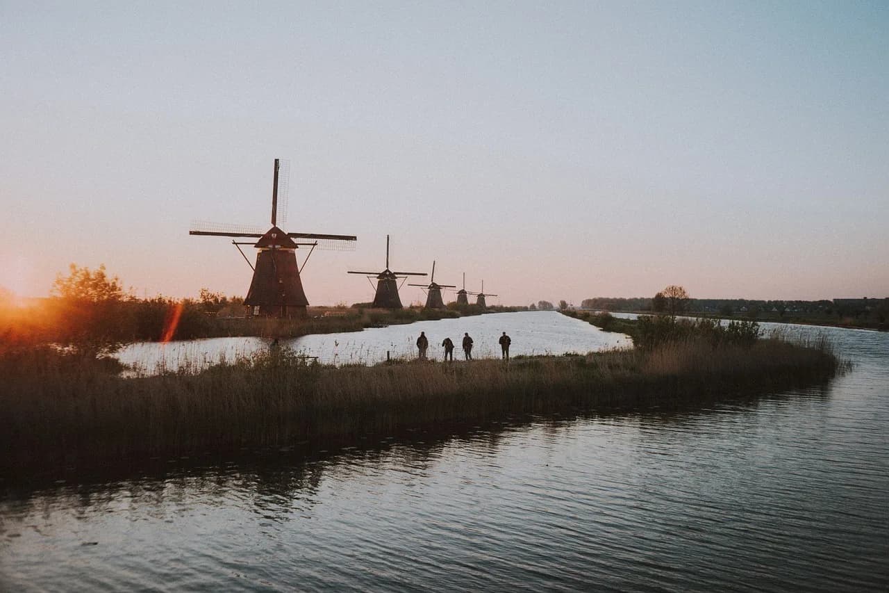 windmill, park, nature, netherland, landmark, travel, outdoor, river, lake, water, grass, sunset