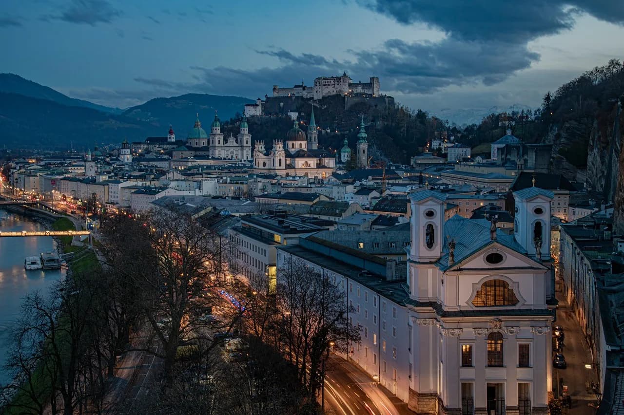 salzburg, city, night, lights, river, church, cathedral, fortress, castle, landmark, hohensalzburg fortress, old town, old city, downtown, urban, panorama, evening, scenic, tourist attraction, salzach