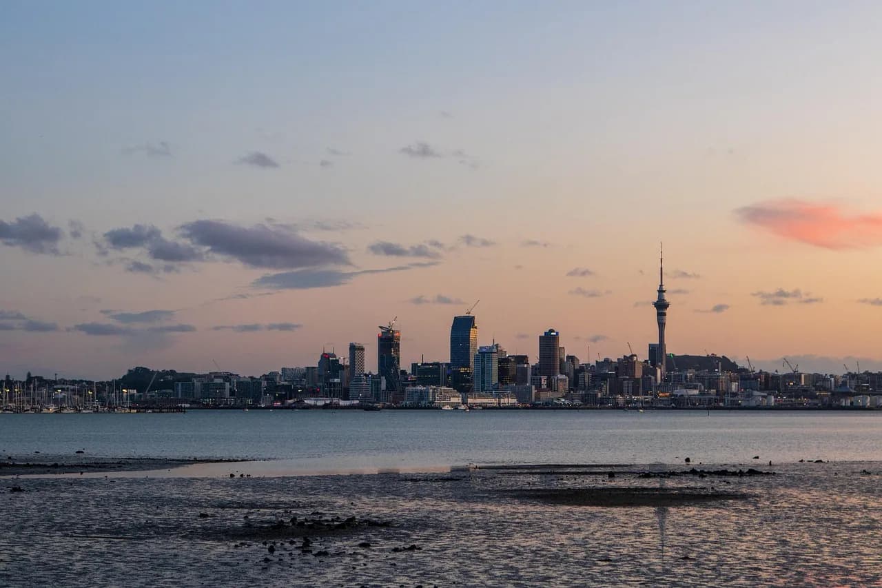auckland, skyline, sunset, new zealand, city, nature, tower, harbour, architecture, skyscrapers, sea, port, urban, metropolis, downtown, buildings, landmark