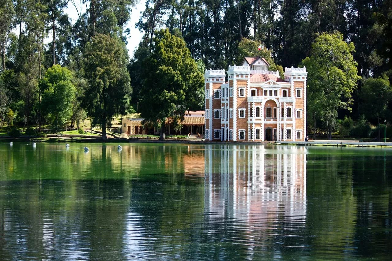 chautla hacienda, castle, pond, mansion, building, chautla, water, park, nature, landmark, tourist attraction, puebla, mexico, tourism