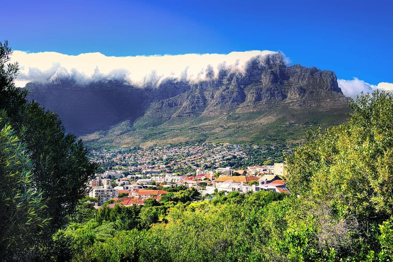 mountain, trees, houses, slope, cape town, table mountain, nature, cloud, sky, rock massif, landscape, south africa, travel, africa, cityscape, city, tourism, valley, landmark
