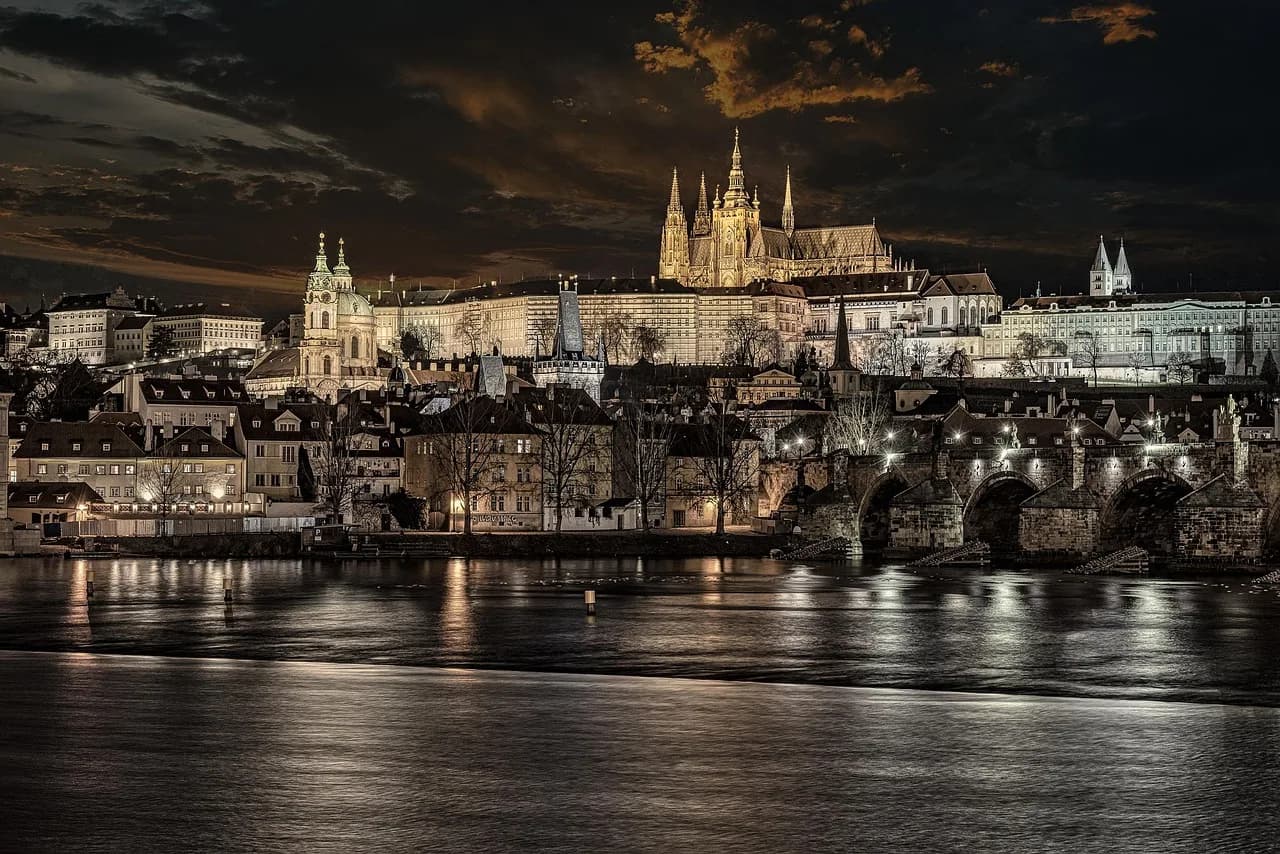 charles bridge, city, prague, river, bridge, historic, historical, buildings, old town, town, capital, travel destination, panorama, night, evening, vltava, czech republic, europe, prague, prague, pra