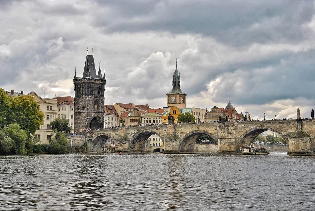 charles bridge, prague, czech republic, historic bridge, bridge, towers, stoneworks, cityscape, old city, buildings, old buildings, facades, masonry, architecture, historical, tourism, historic center