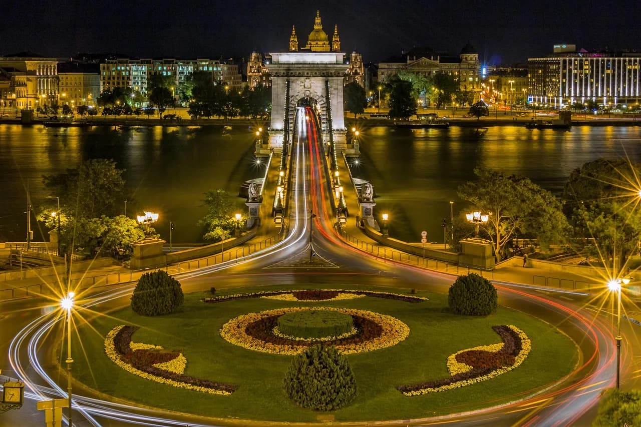 tourist attraction, park, bridge, chain bridge, river, city, city lights, illuminated, night, evening, scenery, széchenyi chain bridge, adam clark square, danube, budapest, hungary, park, bridge, city
