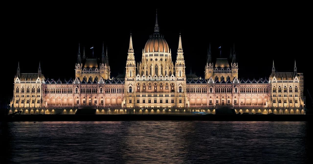 building, architecture, night, evening, illuminated, landmark, tourist attraction, historic, historical, parliament of budapest, river, hungarian parliament building, danube, budapest, hungary, budape