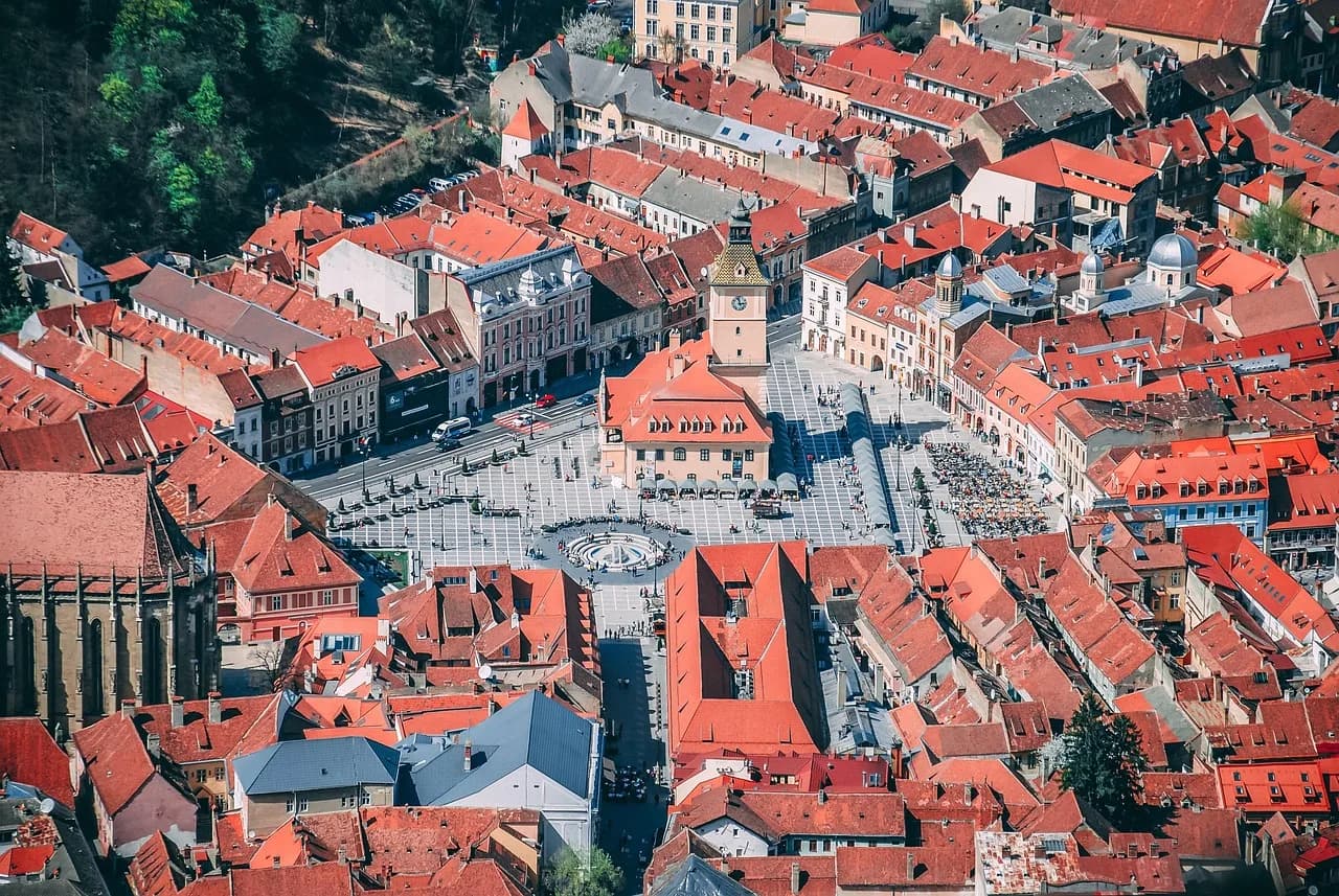 buildings, city, aerial view, bird's eye view, brasov, romania, transylvania, architecture, europe, tourism, urban, town, historic, streets, cityscape, travel, brasov, romania, romania, romania, roman