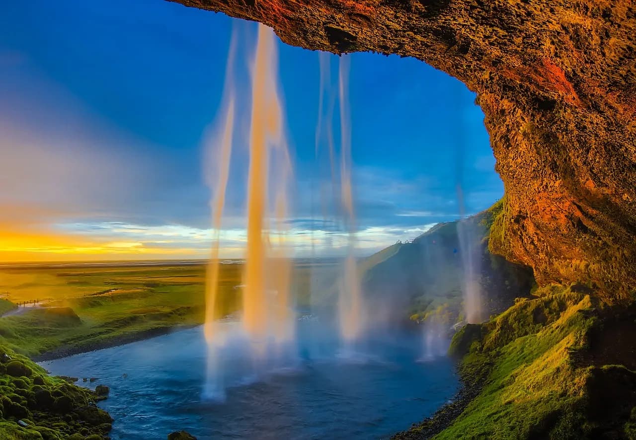 iceland, skogafoss, waterfall, falls, cascade, pool, stream, water, sunset, dusk, landmark, landscape, cliff, nature, outdoors, blue nature, blue water, blue landscape, blue sunset, blue waterfall, bl