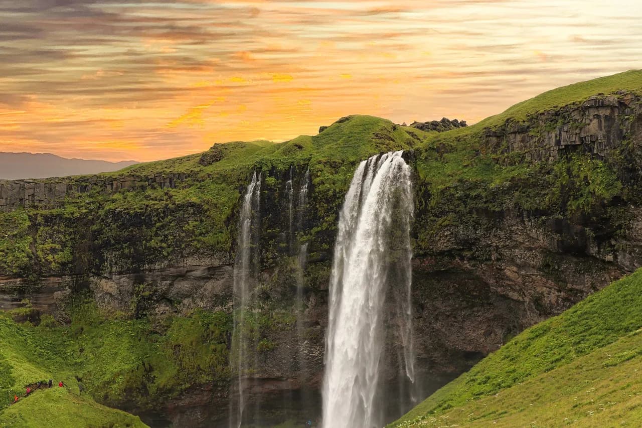 waterfall, mountains, river, nature, twilight, iceland, water, the stage, seljalandsfoss, sky, landscape, landmark, travel, waterfall, waterfall, waterfall, waterfall, waterfall