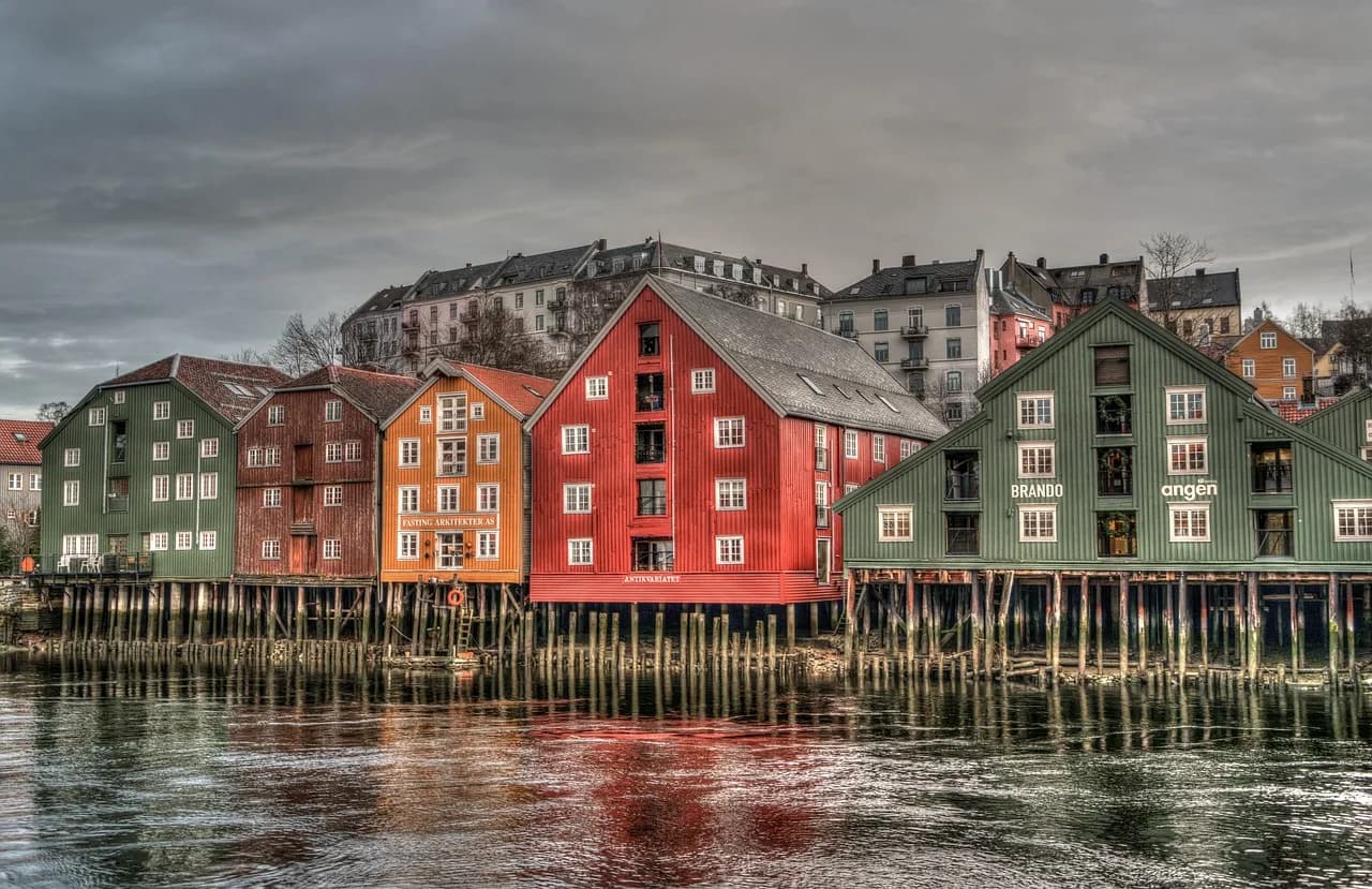 trondheim, norway, architecture, bridge, colorful, river, europe, scandinavia, tourism, building, landmark, nature, tourist, sky